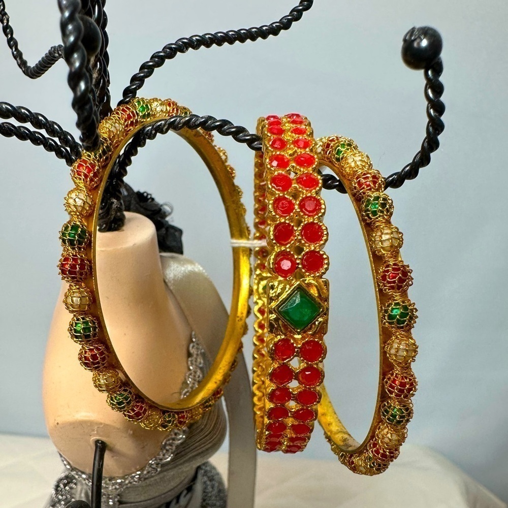 Elegant Gold Plated and Multicolor Bangles Set Of 3 Bracelets Unique Jewelry
